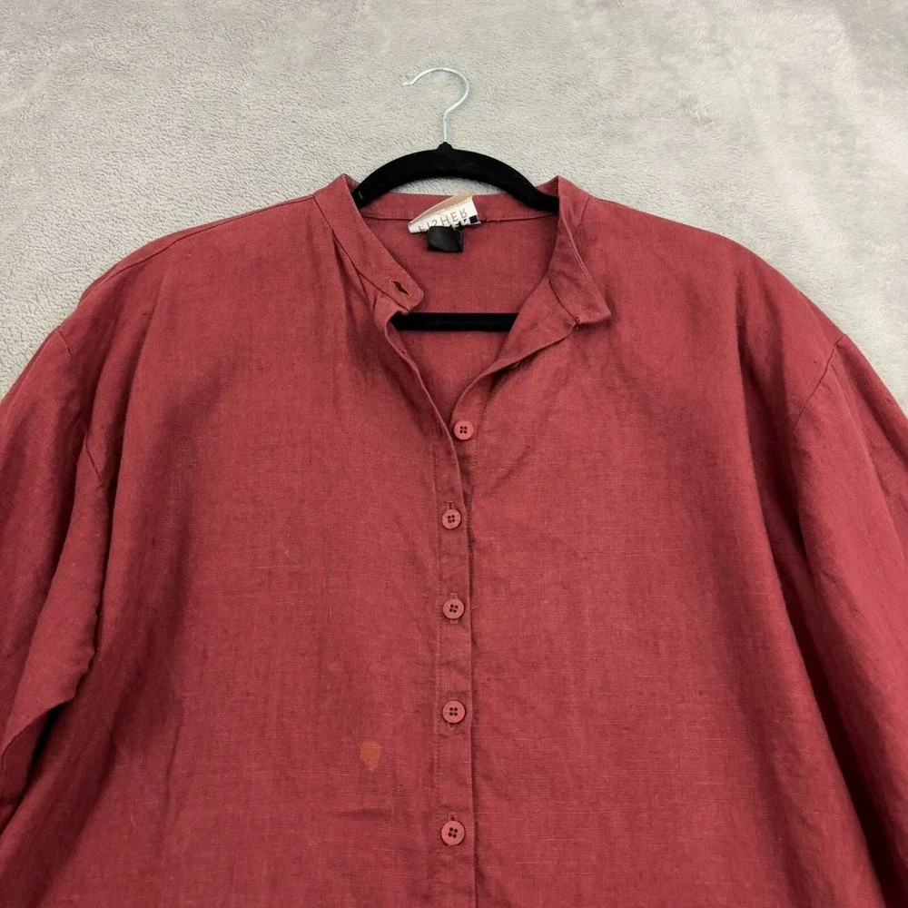 VTG Eileen Fisher Irish Linen Stand Collar Mandarin Shirt Womens‎ S Burnt Red